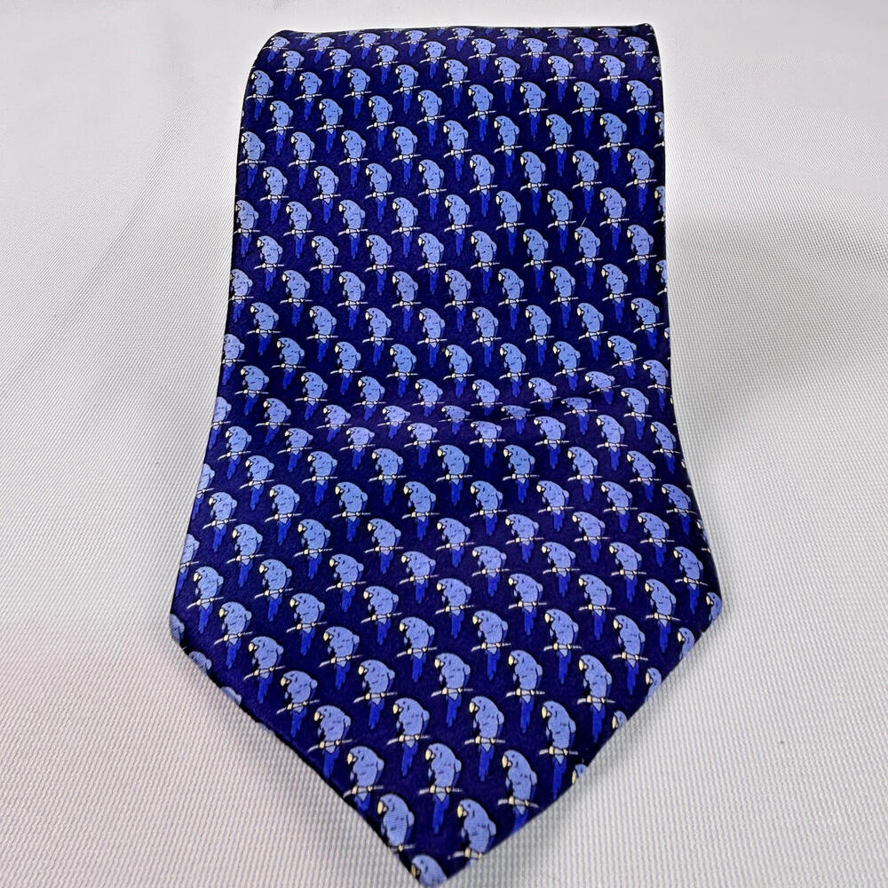 Marco Laurenti Blue Parrot Print Silk Tie 100% Seta Pura Italy Novelty Bird